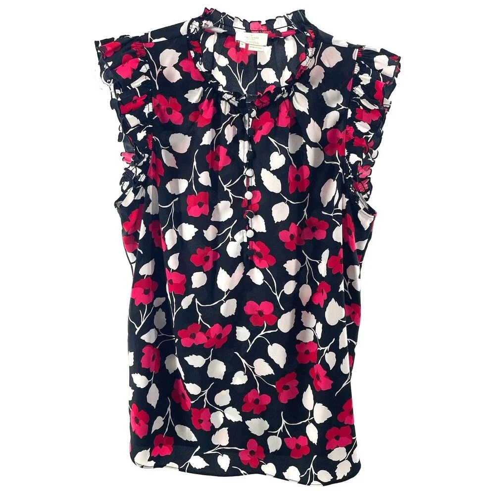 Kate Spade New York Live Colorfully Floral Ruffle Blouse Medium Black Pink Boho